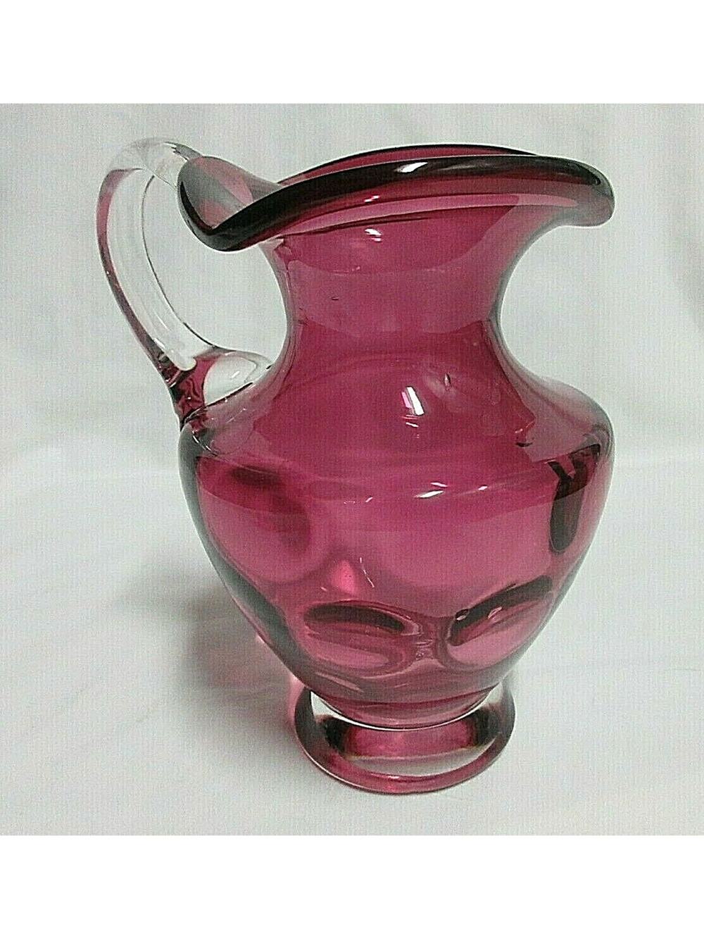 VTG Cranberry Thumbprint Blown Glass - Clear Handle Pitcher Smooth Pontil 6" tal